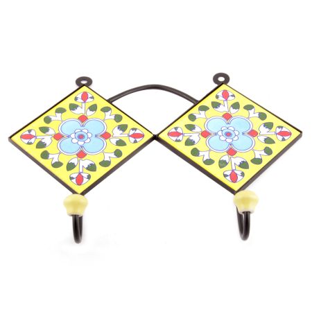 Yellow And Turquoise Ceramic Floral Tiles Hooks